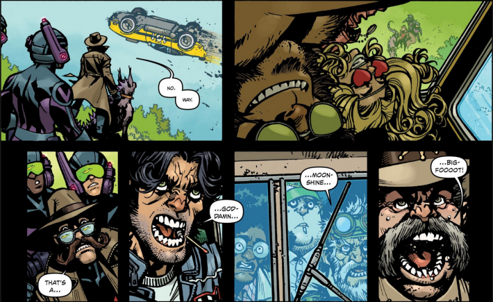 Six panels of a comic. In the first a hot rod car flips over. In the second we see Bigfoot and Amethyst in the flipped car. In the other four, a man with a mustache, a greaser, an RV full of nerds, and a Southern sheriff say "that's a goddam moonshine Bigfooooot"